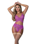 Butterfly Fantasies Cross Over Bralette W/Thong And Garter 3 Pc Set - Neon Purple