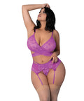 Butterfly Fantasies Cross Over Bralette W/Thong And Garter 3 Pc Set - Neon Purple