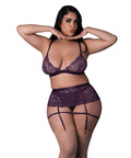 Leather & Lace Stretch Mesh And Lace Bralette W/Garter & Thong 3 Pc Set - Plum