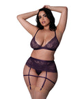 Leather & Lace Stretch Mesh And Lace Bralette W/Garter & Thong 3 Pc Set - Plum