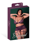 Leather & Lace Stretch Mesh And Lace Bralette W/Garter & Thong 3 Pc Set - Plum