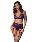 Leather & Lace Stretch Mesh And Lace Bralette W/Garter & Thong 3 Pc Set - Plum