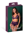 Leather & Lace Stretch Mesh And Lace Bralette W/Garter & Thong 3 Pc Set - Plum