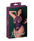 Leather & Lace Stretch Mesh And Lace Underboob Cutout Corset & Panty 2 Pc Set - Plum