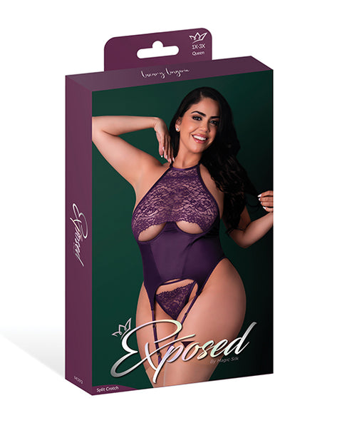 Leather & Lace Stretch Mesh And Lace Underboob Cutout Corset & Panty 2 Pc Set - Plum
