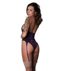 Leather & Lace Stretch Mesh And Lace Underboob Cutout Corset & Panty 2 Pc Set - Plum