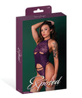 Leather & Lace Stretch Mesh And Lace Underboob Cutout Corset & Panty 2 Pc Set - Plum