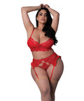 Sugar High Lace Bralette W/Garter Belt & Strappy Panty 3 Pc Set - Red