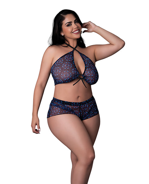 Hazy Dayz Butterfly Blacklight Reflective Halter Top & Short 2 Pc Set - Black Multi