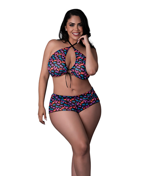 Hazy Dayz Gummy Bear Blacklight Reflective Halter Top & Short 2 Pc Set - Multi