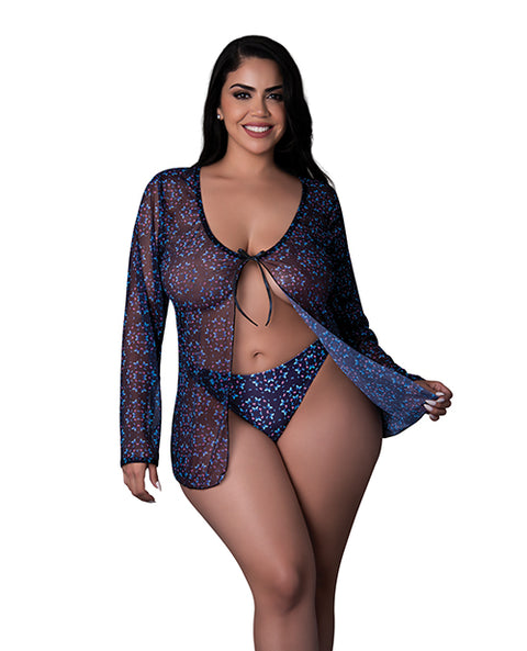 Hazy Dayz Butterfly Blacklight Reflective Tie Front Top & Thong 2 Pc Set - Black Multi