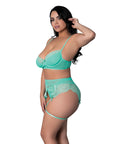 Caribbean Crush Demi Bra W/Thong & Garters 3 Pc Set - Aqua