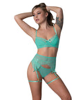 Caribbean Crush Demi Bra W/Thong & Garters 3 Pc Set - Aqua