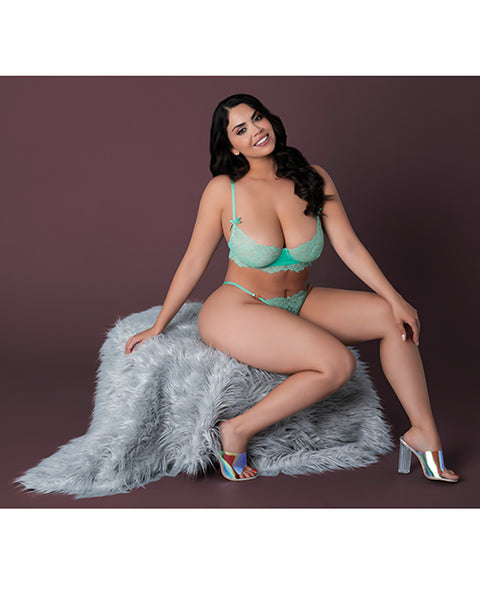 Caribbean Crush Demi Long Line Bra W/Thong & Removable Waist Flounce - Aqua