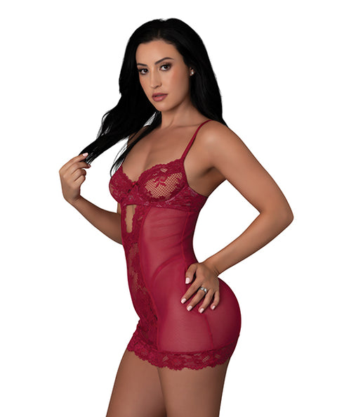 Black Cherry Demi Cup Chemise & Thong Set - Red