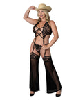 Black Cherry Plunge Top W/Removable Chaps & Cheeky Panty Set - Black