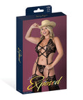 Black Cherry Plunge Top W/Removable Chaps & Cheeky Panty Set - Black