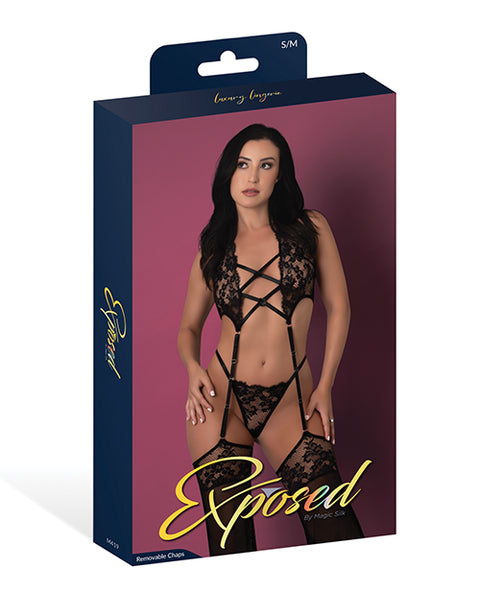 Black Cherry Plunge Top W/Removable Chaps & Cheeky Panty Set - Black