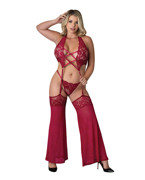 Black Cherry Plunge Top W/Removable Chaps & Cheeky Panty Set - Red