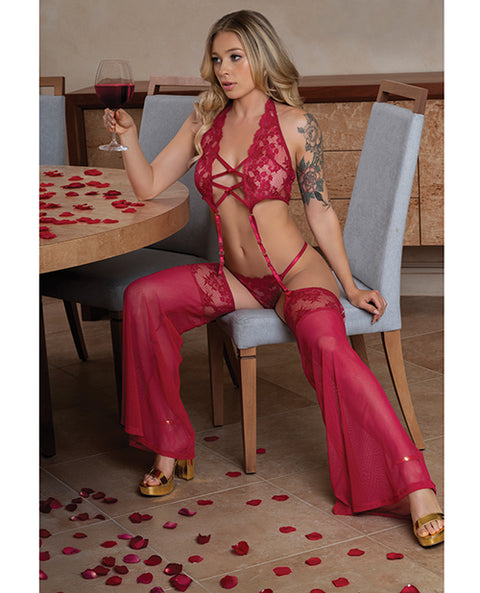 Black Cherry Plunge Top W/Removable Chaps & Cheeky Panty Set - Red