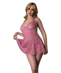 Wisteria Mist Mesh Halter Teddy W/Lace Up Details - Pink