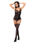 Floral Fishnet Bodice W/Attached Garters & Thigh High Stockings Black
