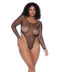 Fishnet Long Sleeve High Leg Bodysuit - Black