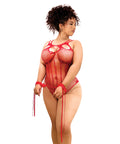 Fishnet Bodysuit W/Rhinestone Details & Cuffs - Red