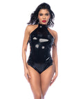 High Neck Halter Wet Look Bodysuit - Black