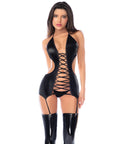 Wet Look Lace-Up Front & Back, Halter Tie, Side Cutouts, & Attached Garter Straps 2 Pc Set - Black