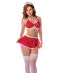 Nurse Mesh Lace-Trim Bralette, Flared Mini Skirt, Thong & Headpiece - Red/White