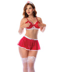 Nurse Mesh Lace-Trim Bralette, Flared Mini Skirt, Thong & Headpiece - Red/White