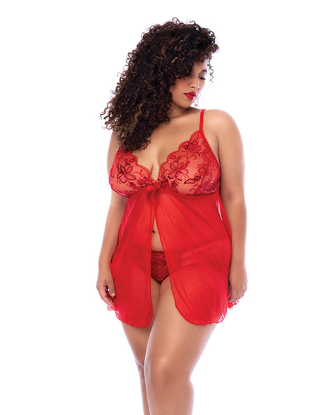 Sequin Embellished Babydoll W/G-String - Red