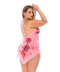 Floral Printed Mesh Babydoll W/Convertible Straps & G-String 2 Pc Set - Pink
