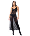 Lace Underwire Long Gown W/Panty & Garter Belt 2 Pc Set (stockings Not Included) - Black