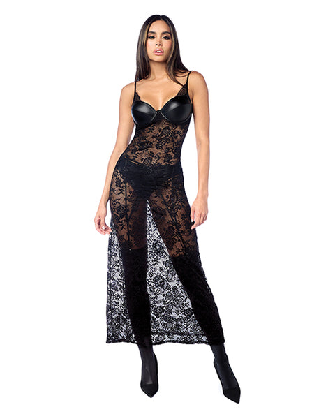 Lace Underwire Long Gown W/Panty & Garter Belt 2 Pc Set (stockings Not Included) - Black