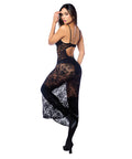 Lace Underwire Long Gown W/Panty & Garter Belt 2 Pc Set (stockings Not Included) - Black