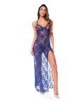 Sheer Lace Maxi Dress W/Adjustable Straps & High Side Slit - Royal Blue