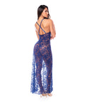 Sheer Lace Maxi Dress W/Adjustable Straps & High Side Slit - Royal Blue