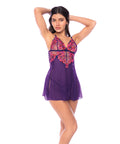 Floral Embroidered Mesh Babydoll W/Thong 2 Pc Set - Orchid