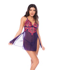 Floral Embroidered Mesh Babydoll W/Thong 2 Pc Set - Orchid