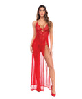Dotted Lace & Mesh Maxi Dress W/High Side Slit & Thong - Red