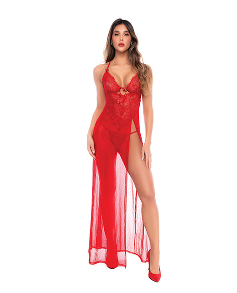 Dotted Lace & Mesh Maxi Dress W/High Side Slit & Thong - Red