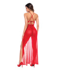 Dotted Lace & Mesh Maxi Dress W/High Side Slit & Thong - Red