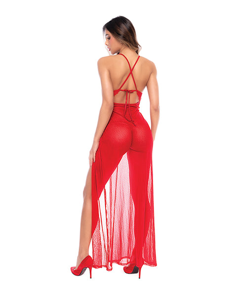 Dotted Lace & Mesh Maxi Dress W/High Side Slit & Thong - Red