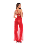 Dotted Lace & Mesh Maxi Dress W/High Side Slit & Thong - Red