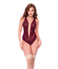 Plunging Lace & Mesh Teddy W/Open Back & Lace Up Detail - Burgundy