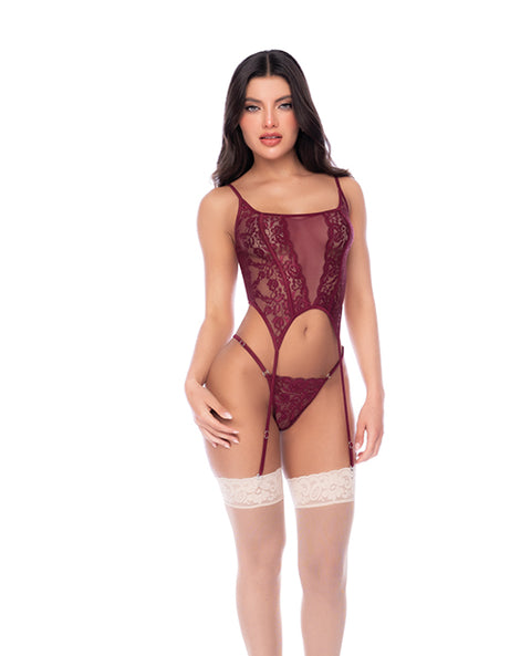 Sheer Lace & Mesh Top W/Attached Garter Straps & Thong 2 Pc Set - Burgundy