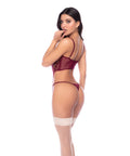 Sheer Lace & Mesh Top W/Attached Garter Straps & Thong 2 Pc Set - Burgundy