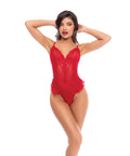 Dotted Lace & Mesh Teddy W/Lace Up Back & Open Crotch - Red